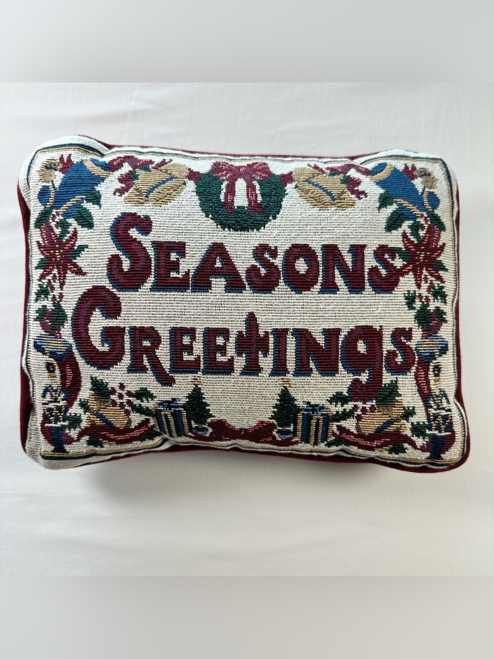 Vintage Christmas Needlepoint Tapestry Pillow Seasons Greetings Holiday 12x9